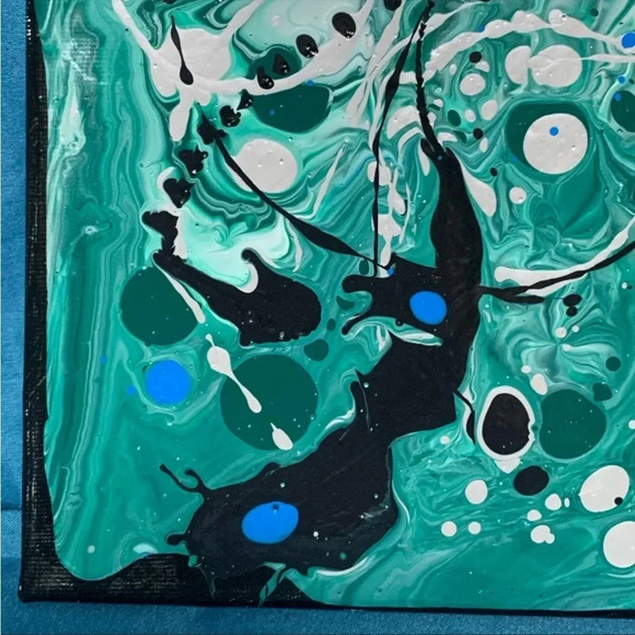 Original Paint Pour Art - 8x8 wrapped canvas with greens, blue, silver & white - Picture 5 of 11